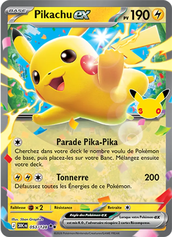 Carte Pikachu-ex 053/128 – 30e Anniversaire